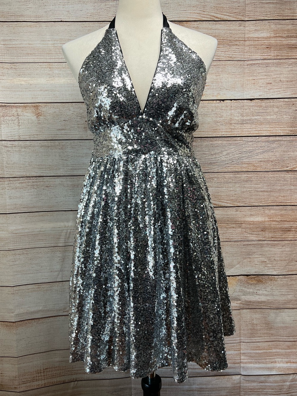 Vtg Charlotte Russe Fit & Flare Silver Sequins Halter Mini Dress Sz M Backless